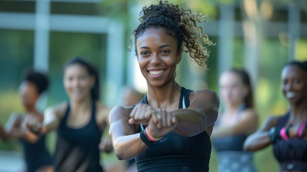 Foto instructeur leiding vrouwen fitness class generatieve ai