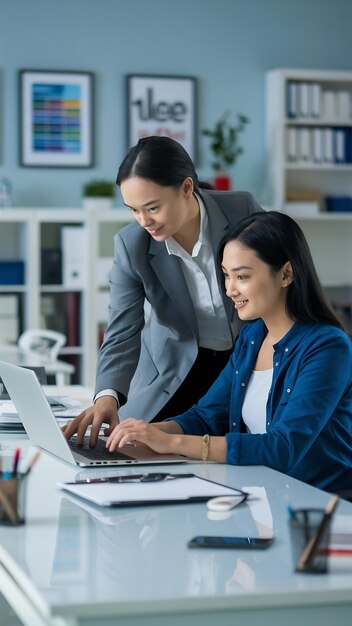 Photo instructor helping intern to start working laptop
