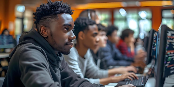 Photo instructor teaches computer science to diverse students with programming code slides concept computer science programming instruction diverse students instructorstudent interaction code slides