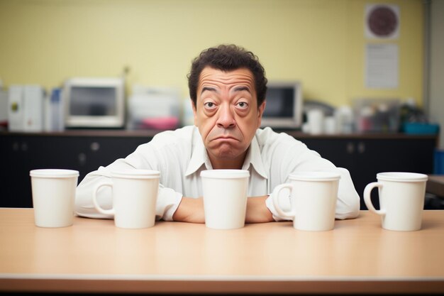 Photo instructor with empty coffee cups on desk looking tired