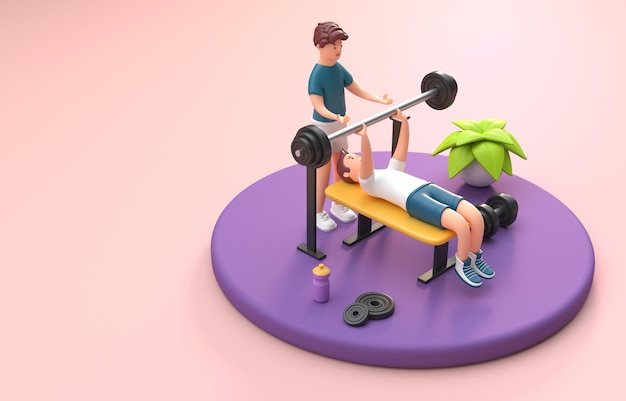 Instructor with a Man Doing Bench Press 3D Illustration