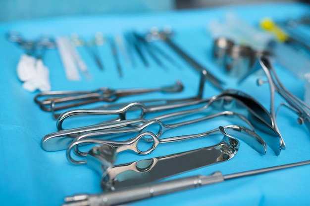 Instrumental surgical In operating room Surgical instruments on the sterile table Cropped view