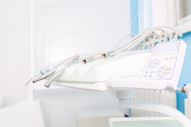 instruments for drilling teeth in dental ordination. stomatological instruments in dentist clinic.