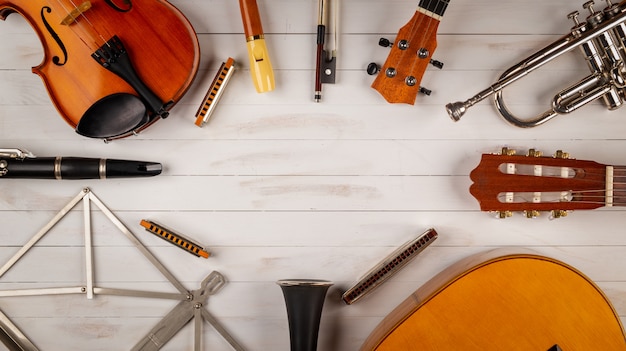 Instruments in white wooden background