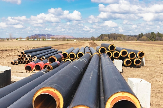 Insulated pipe Large metal pipes with a plastic sheath at a construction site Modern pipeline for supplying hot water and heating to a residential area