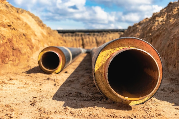 Tubo coibentato grandi tubi metallici con guaina in plastica posata in una trincea moderna tubazione per la fornitura di acqua calda e riscaldamento in un'area residenziale