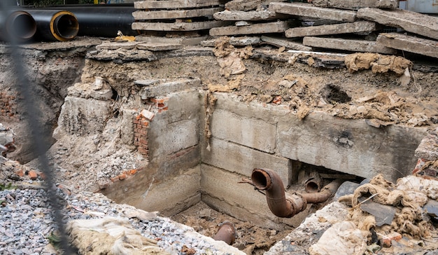 Insulated pipes and concrete slabs in trench outdoors.