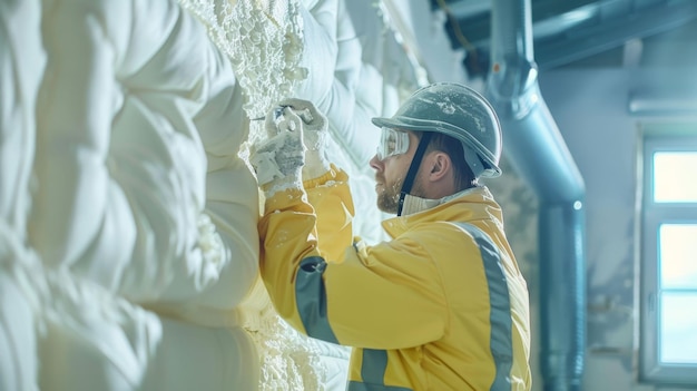 Photo insulation worker in protective clothing examining foam isolation installed on a wall