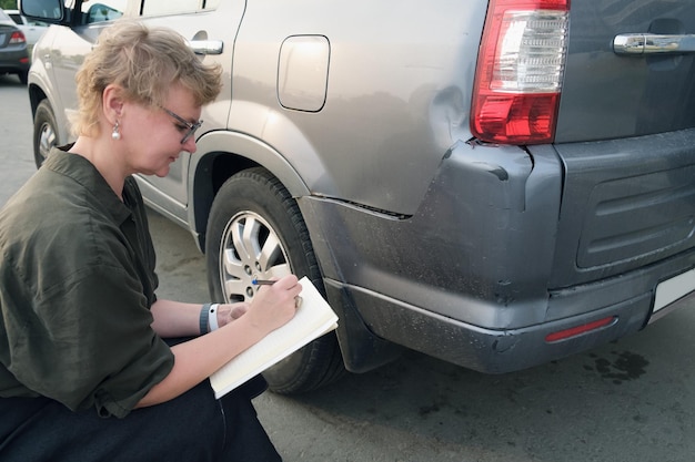 Insurance agent middleaged woman conducts preinsurance inspection of car