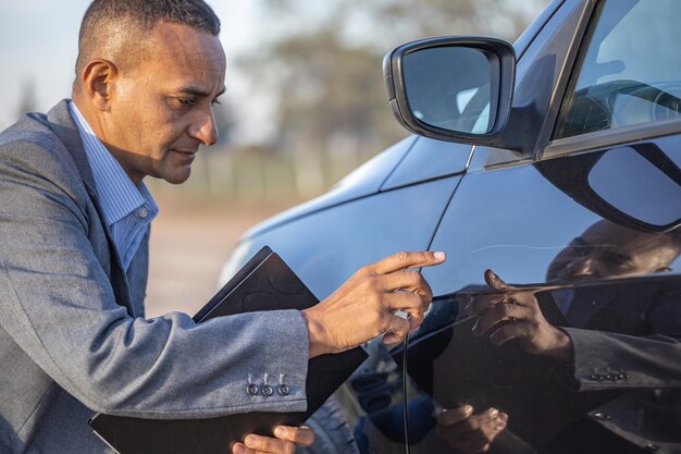 Insurance agent pointing out a scratch on a car