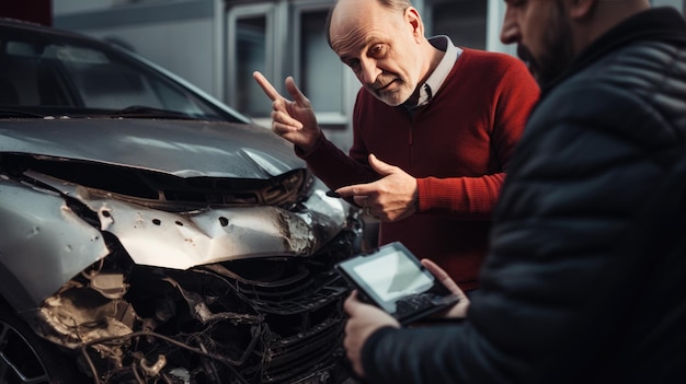 Foto l'agente assicurativo esaminerà l'auto danneggiata sullo sfondo dell'incidente creato con la tecnologia generative ai