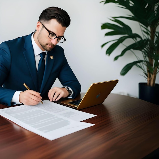 Insurance Broker with Suit Signing Documents with Golden Laptop Illustration