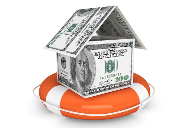 Insurance concept. Dollars House with Life Buoy on a white background