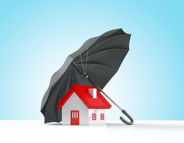 Photo insurance concept home is protected by a black umbrella