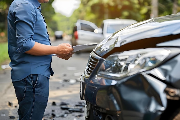 Insurance team evaluating car accident claim in office with clipboard Concept Insurance Claim Evaluation Car Accident Office Setting Clipboard Insurance Team