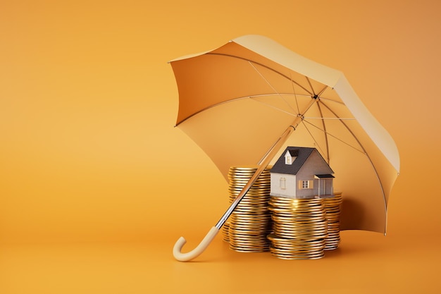 Photo insurance when buying a home coins and a house under an umbrella on an orange background 3d render