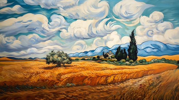 inta wheat field house distance swirly clouds background oil mission arts environment similar