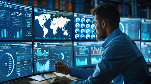 An integrated Data Management System DMS and Business Analytics concept Businessman providing information for Key Performance Indicators KPI and marketing analysis on a virtual
