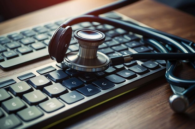 Photo integrated medical tools stethoscope connected to computer keyboard