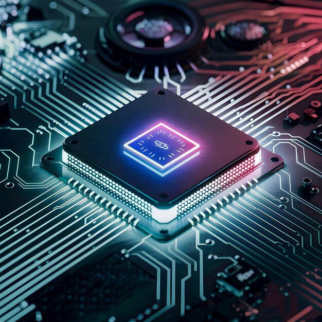 Integrated microchip circuit board for server Central computer processor with neon lights