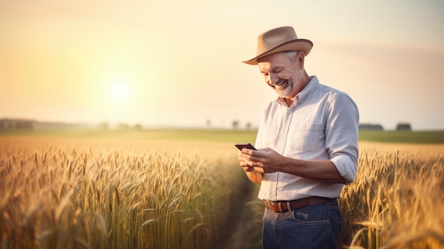 Интеграция технологий с захватывающим изображением улыбающегося взрослого фермера, использующего мобильный телефон перед трактором Идеальное представление концепции умного сельского хозяйства