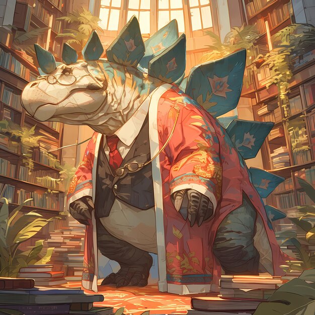 Intellectual Stegosaurus in Traditional Japanese Clothing