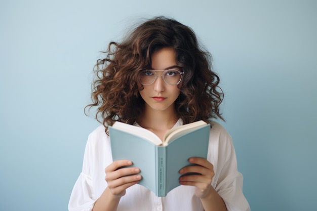 Intellectuele charme Een jeugdige, aansprekende dame wiegt gracieus een wit boek in haar handen tegen een lichtgevende achtergrond