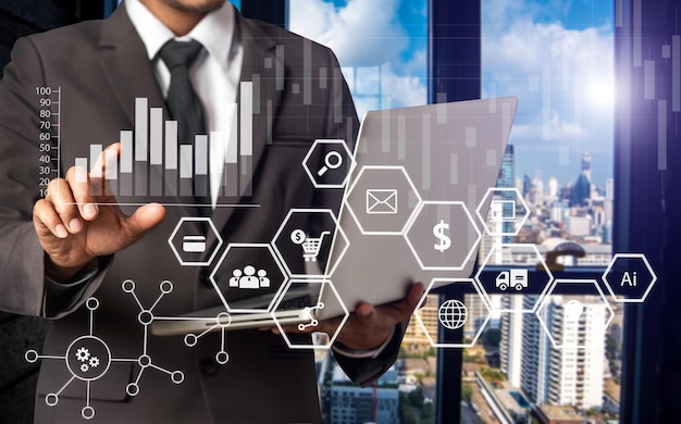 Intelligence (BI) and business analytics (BA) with (KPI) dashboard concept.Website designer working in come digital tablet computer laptop. and smart phone.