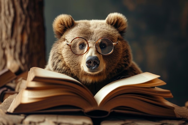 Photo intelligent bear with glasses with open book generate ai