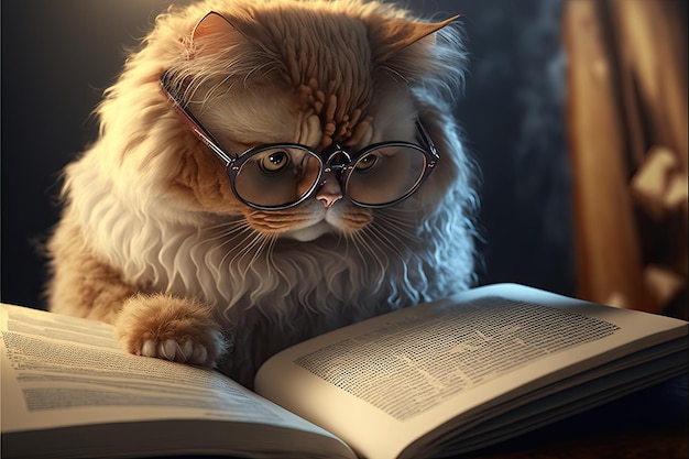 Gatto intelligente con gli occhiali per leggere un libro concetto di formazione ia generativa