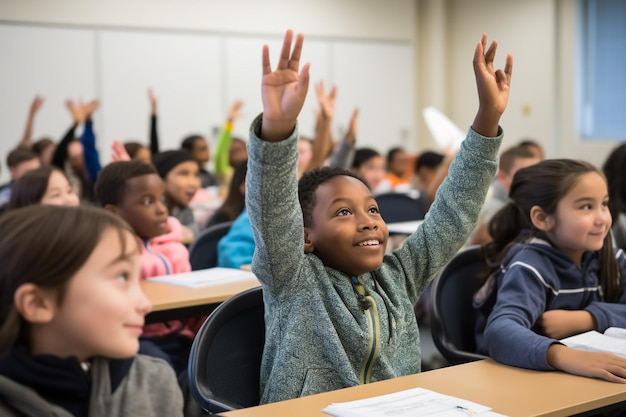 Photo intelligent class of young boys and girls all raising their hands to show they know the answer to a question asked by a smiling attractive young female teacher