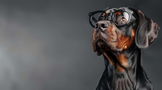 Интеллектуальная собака в больших черных очках на сером фоне с пространством для копирования