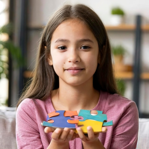 Photo intelligent girl holding puzzle pieces smiling contentedly
