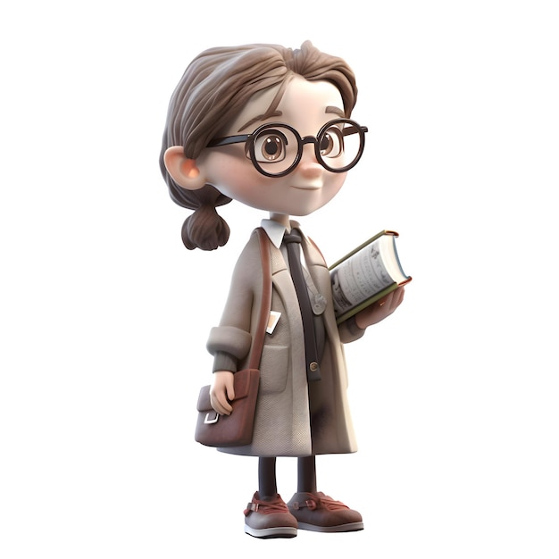 Intelligent Icon 3D Cute Girl in Professor Character with a book and glasses Isolated on white background