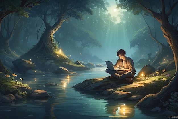 Intelligent programmer finds solace in the embrace of nature perched upon the riverbank with a laptop