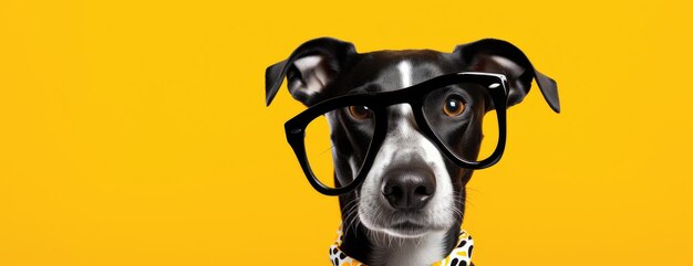 Intelligent and smart dog black glasses posing on yellow backdrop with copy space for advertising promotion or publication Cool and funny animal portrait