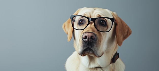 Intelligente hond met een grote zwarte bril op een grijze achtergrond met kopieerruimte