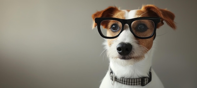 Intelligente hond met een grote zwarte bril op een grijze achtergrond met kopieerruimte
