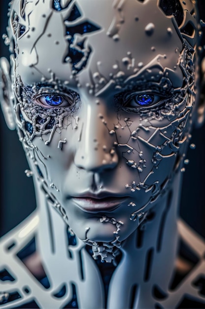 Foto intelligentie, humanoïde uitziende cyborg robot hoofd met blauwe led elektronische onderdelen en circuits, satijn witte pantser onderdelen, gemaakt met generative ai technologie