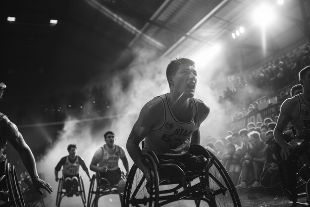 Intense action as wheelchair basketball players compete with passion