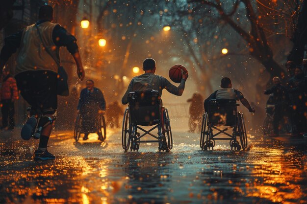 Photo intense action as wheelchair basketball players compete with passion