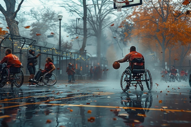 Photo intense action as wheelchair basketball players compete with passion