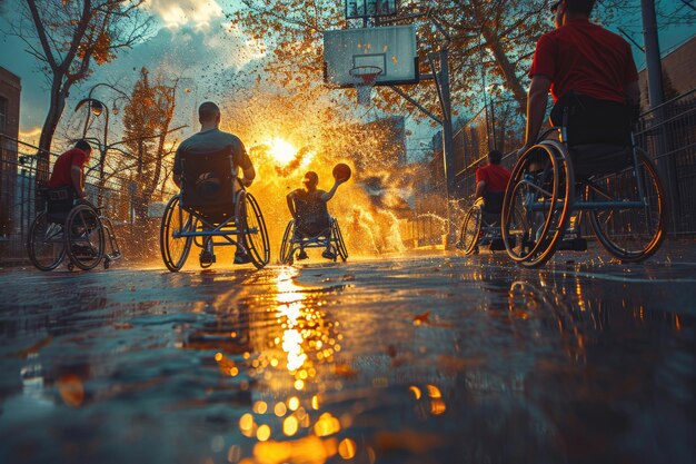 Photo intense action as wheelchair basketball players compete with passion