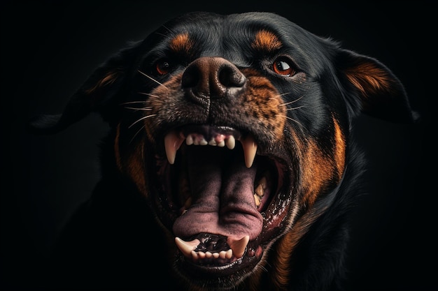 Intense agressie close-up van boze Rottweiler39s open mond generatief door Ai