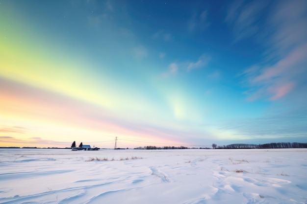 Intense aurora arcing over a desolate snowy field