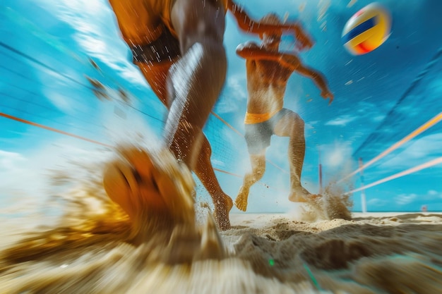 Intense beachvolleybalwedstrijd in actie Zand vliegt rond de voeten van beachvolleybalspelers in de hitte van een energiek zomerwedstrijd