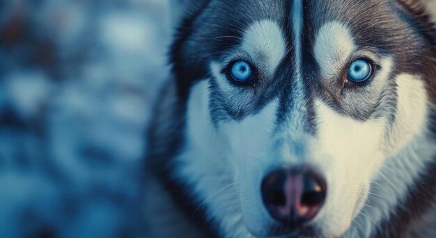 Intense blauwe ogen van een Siberische Husky in de winter