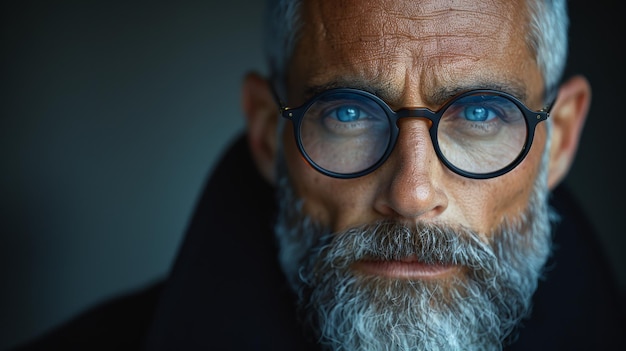 Intense blik van een man met doordringende blauwe ogen en opvallend wit gezichtshaar