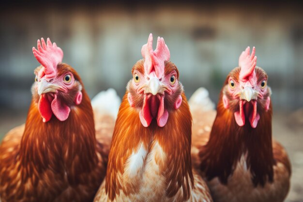 Intense blik van roodharige kippen in een rij op de boerderij Generatieve AI