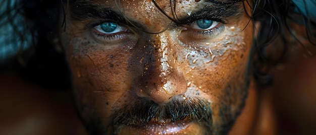 Photo intense blue gaze amidst rugged details concept blue eye intense stare rugged background contrasting colors powerful expression